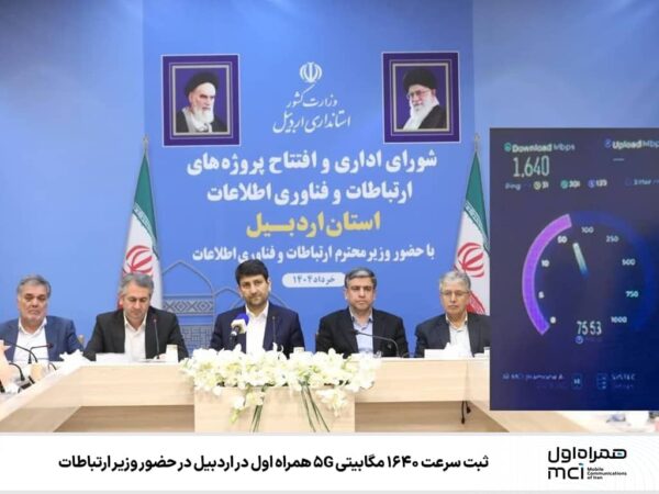 ثبت سرعت ۱۶۴۰ مگابیتی 5G همراه اول در اردبیل در حضور وزیر ارتباطات ثبت سرعت ۱۶۴۰ مگابیتی ۵G همراه اول در اردبیل در حضور وزیر ارتباطات