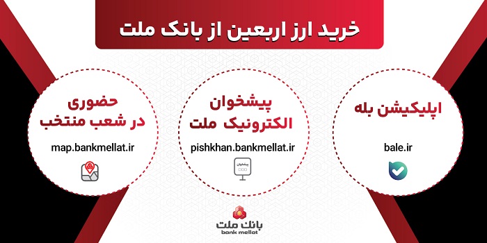 فعالیت شعب منتخب و كشیك بانك ملت برای فروش ارز اربعین در روز جمعه ۹ مرداد ۱۴۰۵